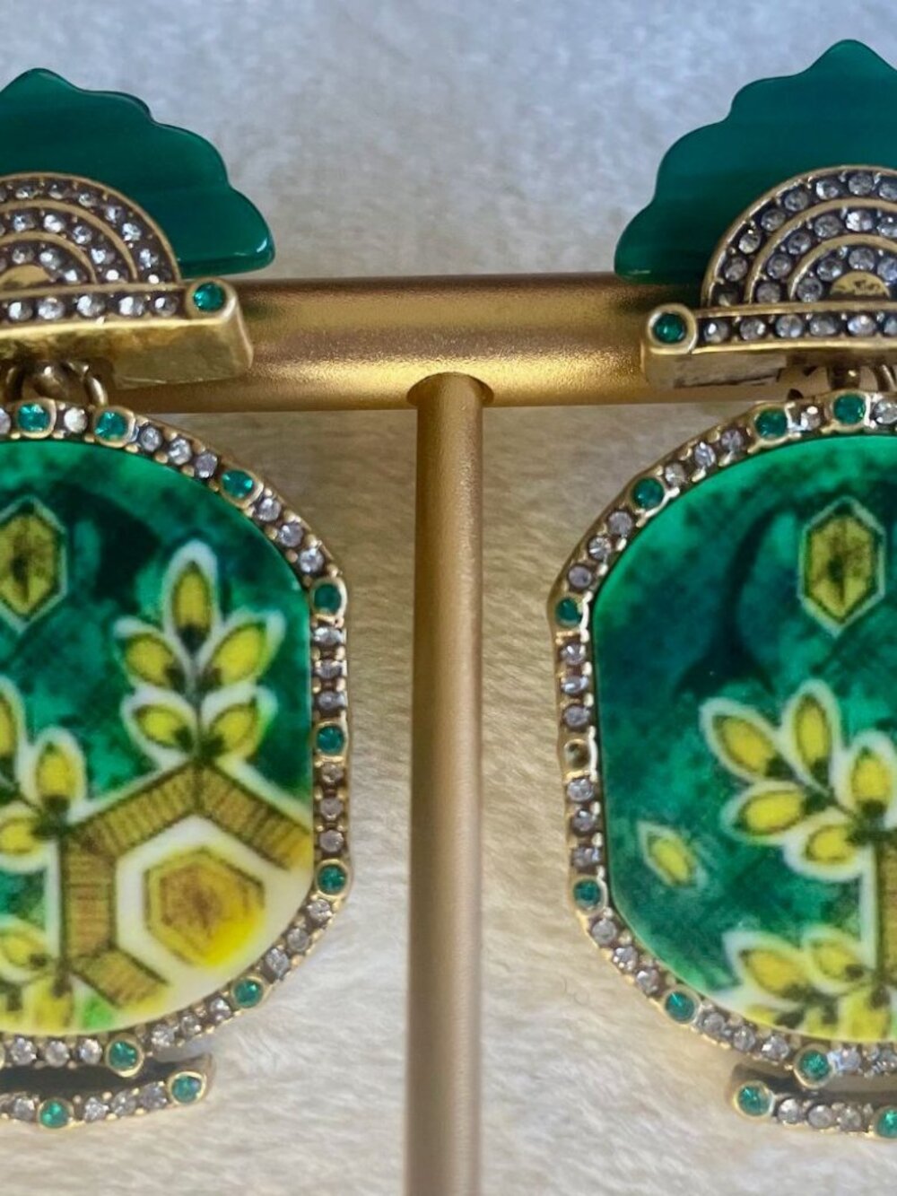 Art Deco Asian Style Earrings, Malachite Greed intricate pavé CZ detailing - Picture 2 of 3